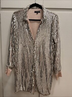 JLUXLABEL Sequin Embellished Mini Shirt Dress - Silver & Blush medium